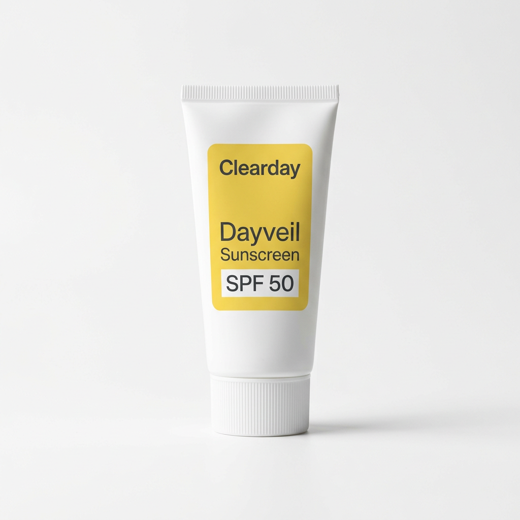 Clearday Dayveil Sunscreen SPF 50 cosmetic packaging on a white studio background