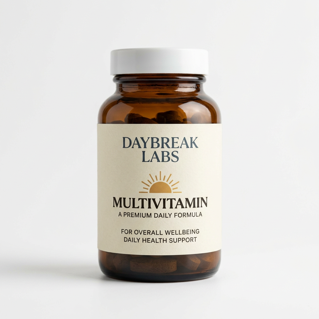 Daybreak Labs Multivitamin Capsules amber bottle on a white studio background