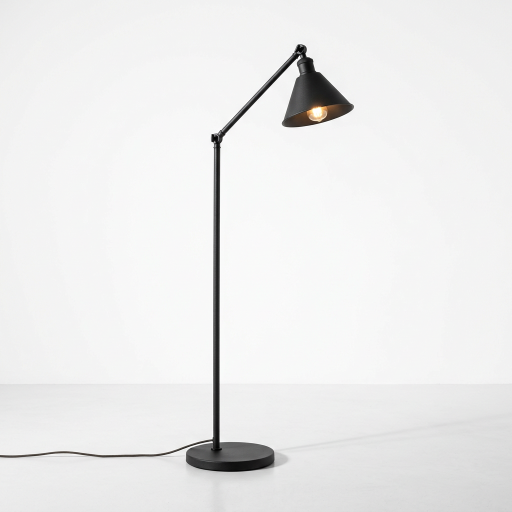 Hearthwell Foundry matte black floor lamp with angled arm and cone shade on white