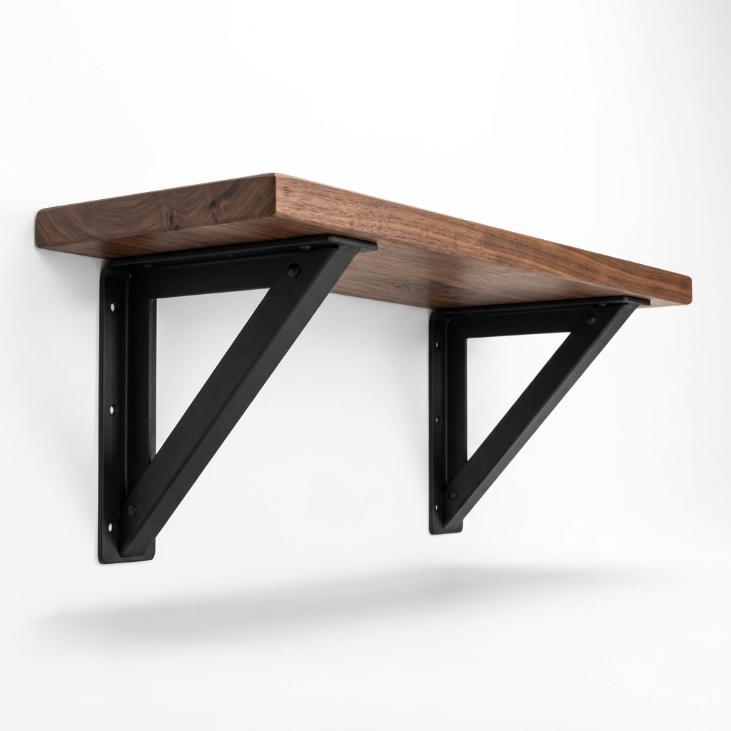 Hearthwell Rivet dark wood wall shelf with two black triangular steel brackets on white