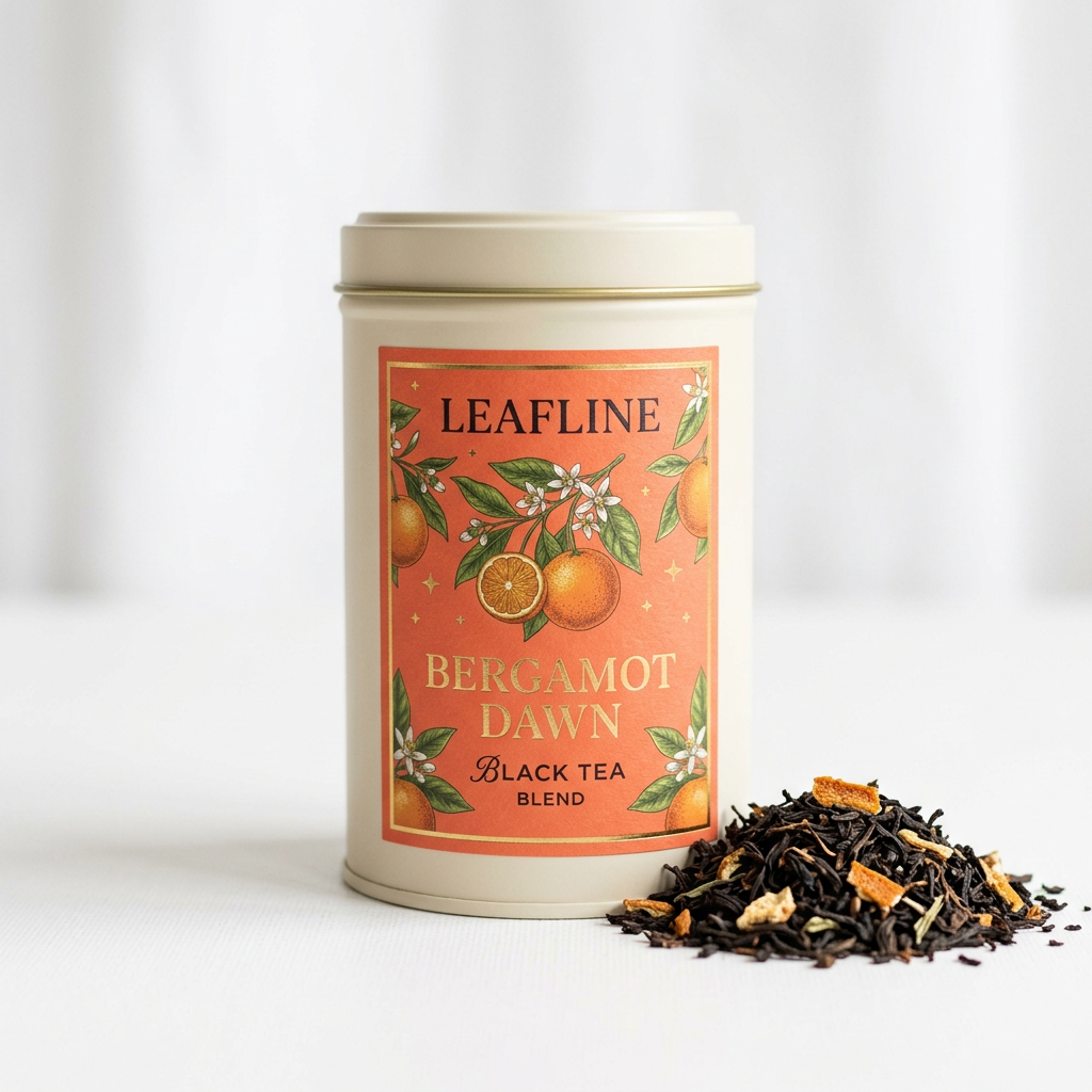 Leafline Bergamot Dawn cream tea tin with coral label beside black tea and citrus peel