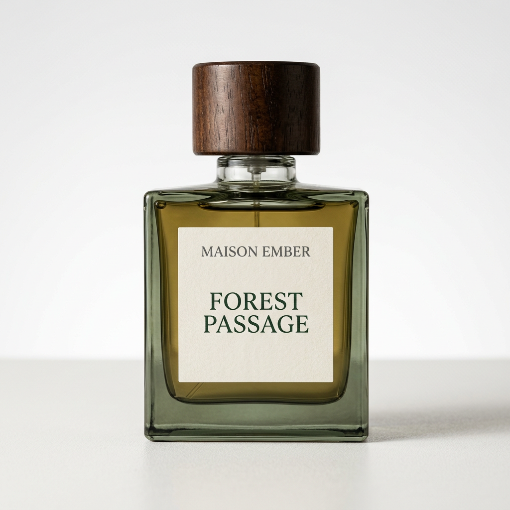 Maison Ember Forest Passage perfume bottle on a white studio background