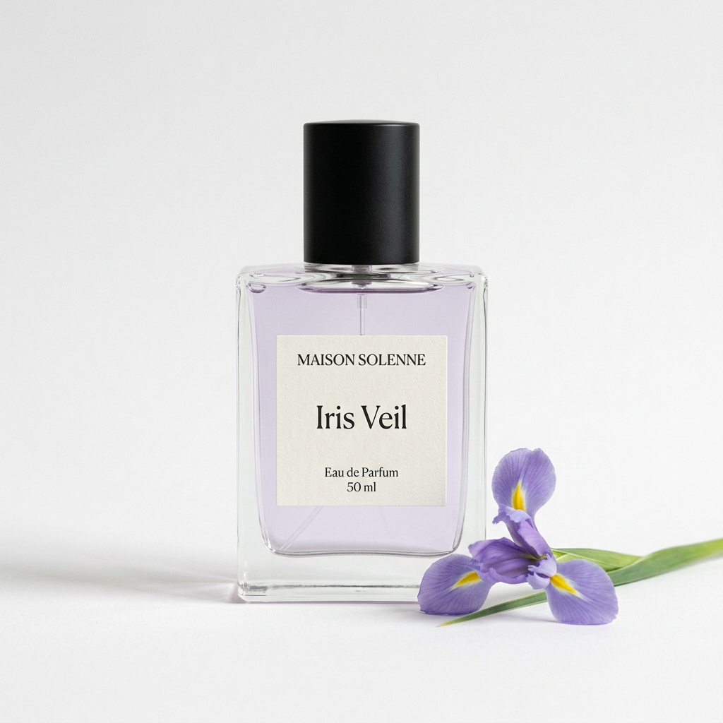 Maison Solenne Iris Veil perfume bottle with a purple iris flower on a white background