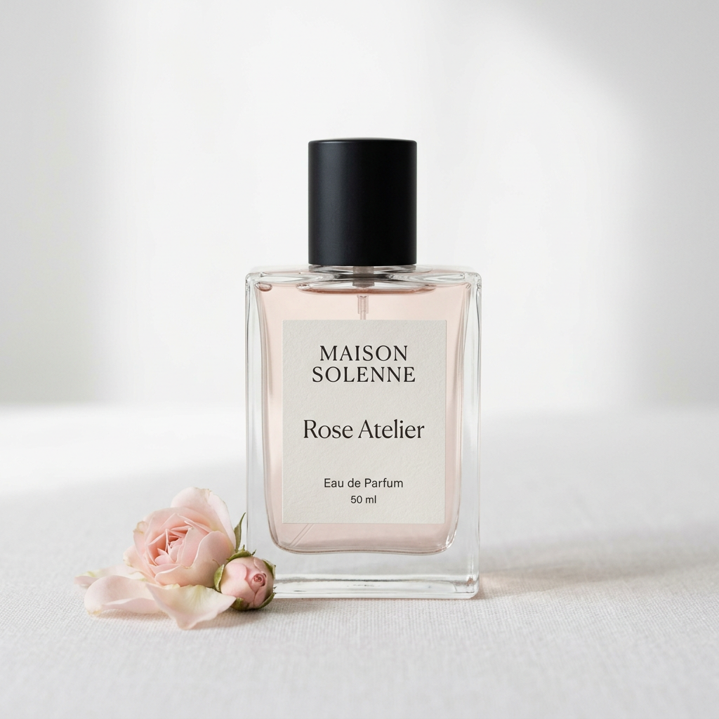 Maison Solenne Rose Atelier perfume bottle with pink roses on a white background