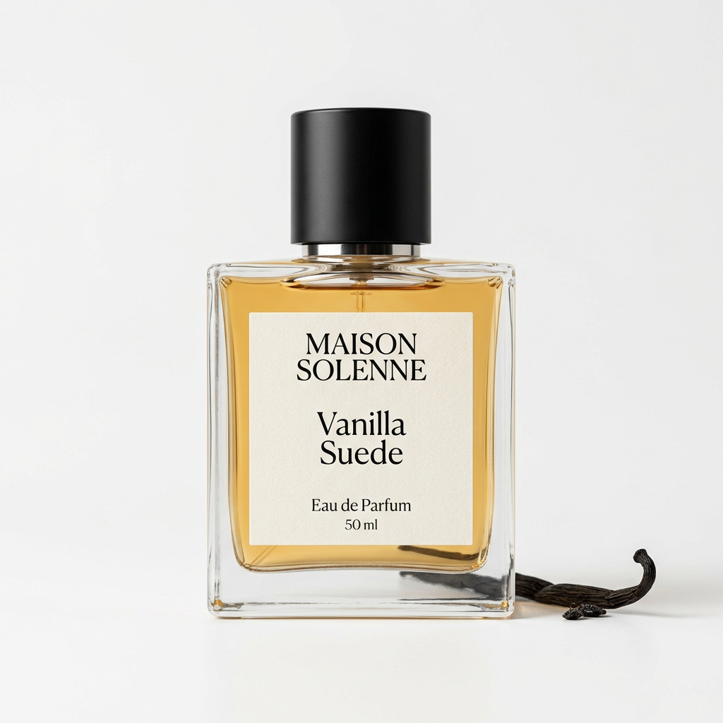 Maison Solenne Vanilla Suede perfume bottle with a vanilla pod on a white background