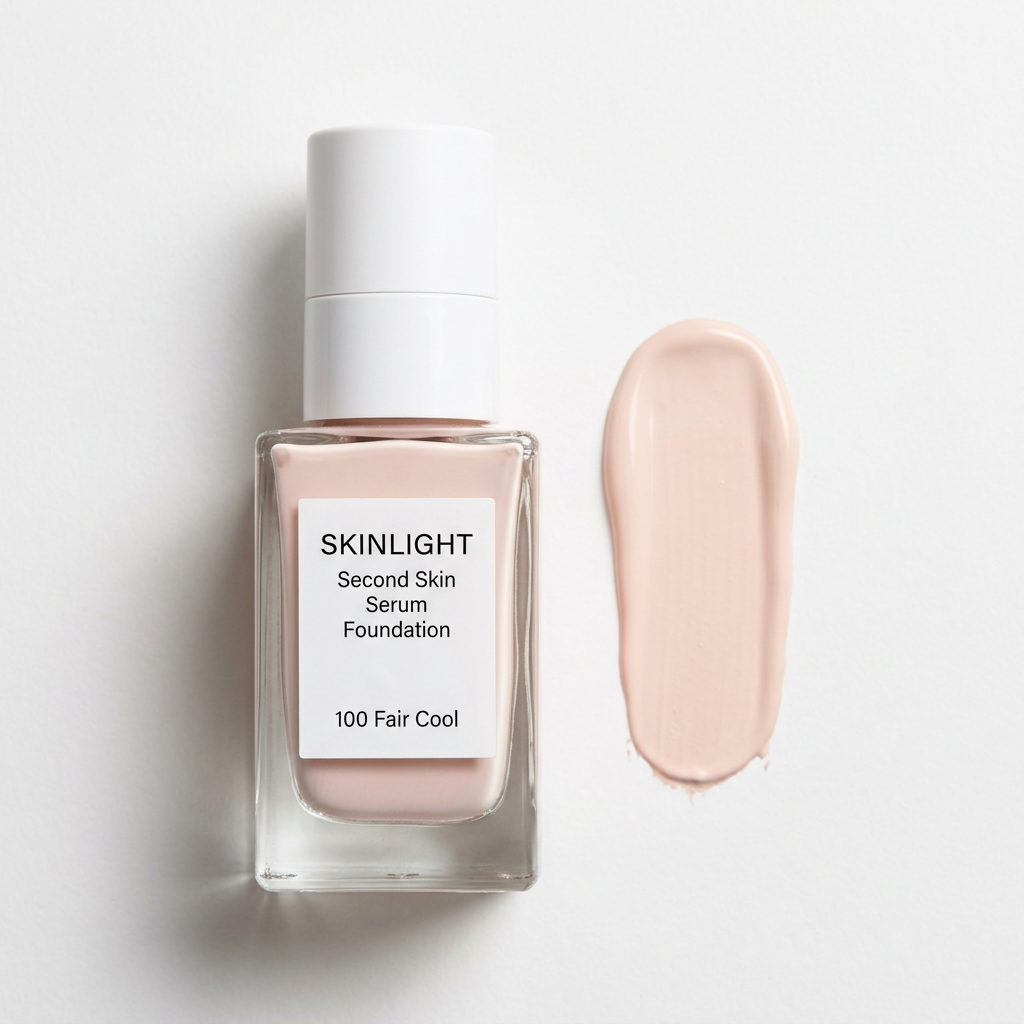 Skinlight Second Skin Serum Foundation bottle and matching swatch in 100 Fair Cool on white