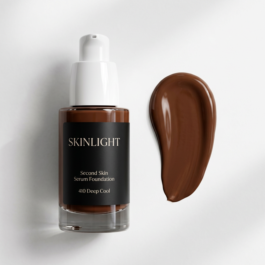 Skinlight Second Skin Serum Foundation bottle and matching swatch in 410 Deep Cool on white
