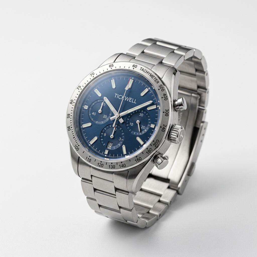 Tickwell Apex watch in Silver with a metal strap on a white background