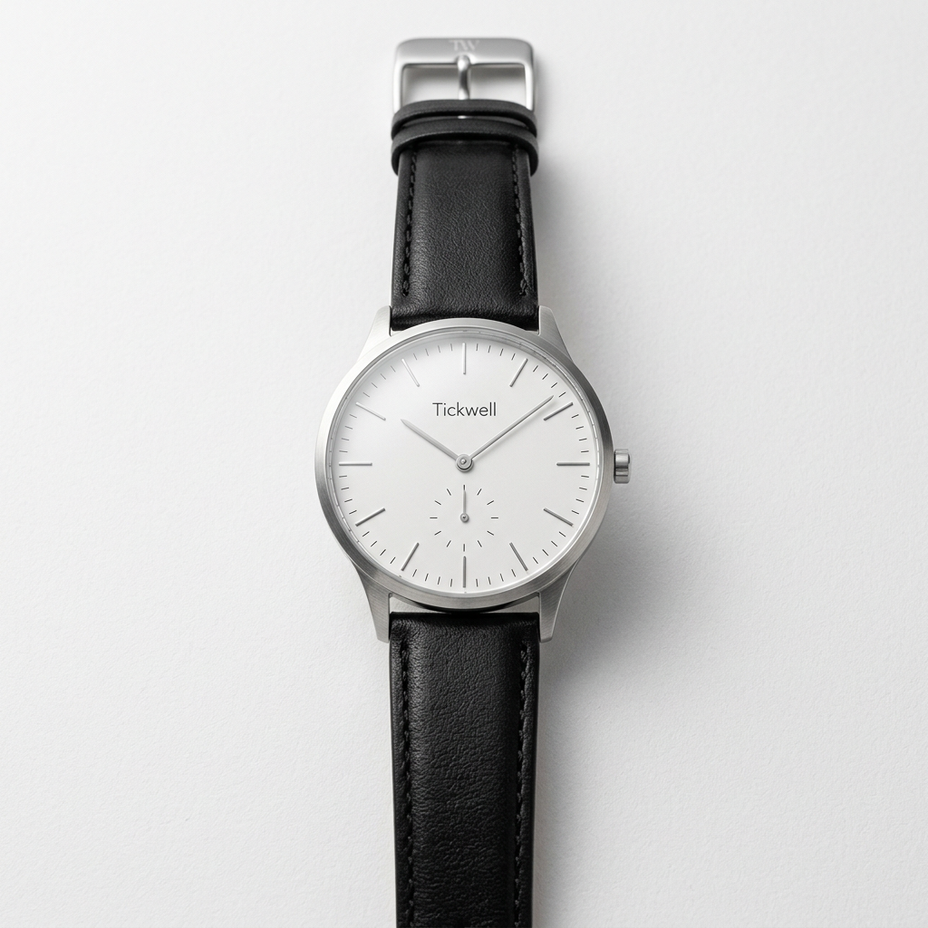 Tickwell Outline watch in Black with a leather strap on a white background