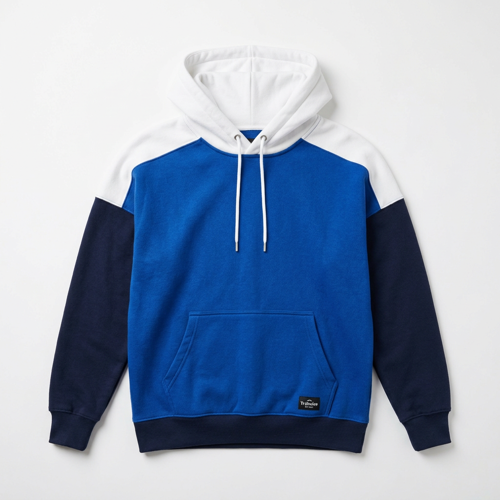 Trailwise Court hoodie with cobalt torso white hood and shoulders and navy sleeves on a white background