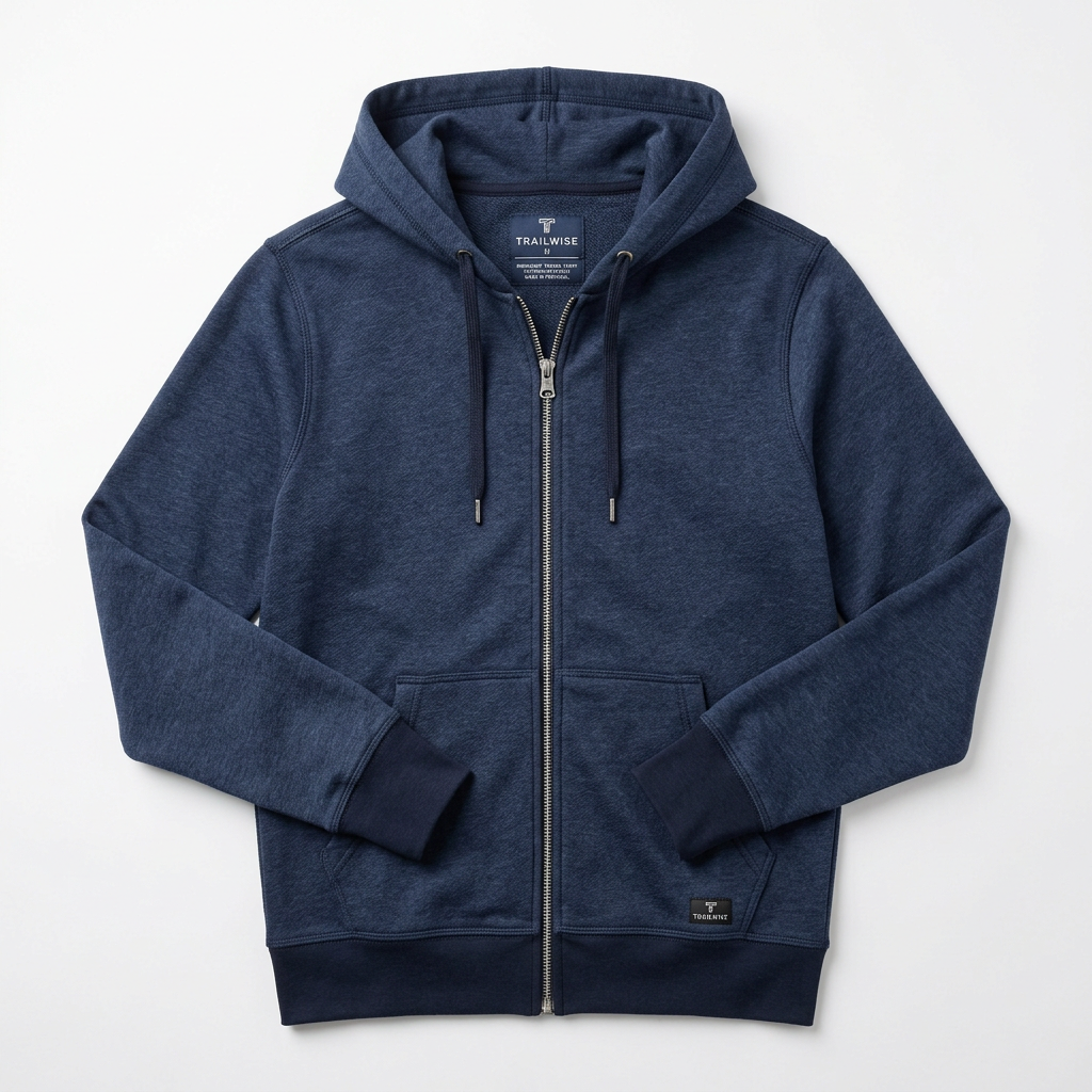 Navy Trailwise Link hoodie with full-length silver zipper and split front pockets on a white background