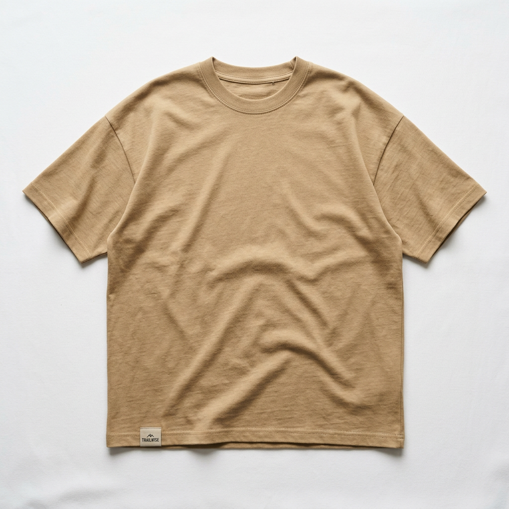 Trailwise Open Range T-Shirt in Sand shown flat on a white background