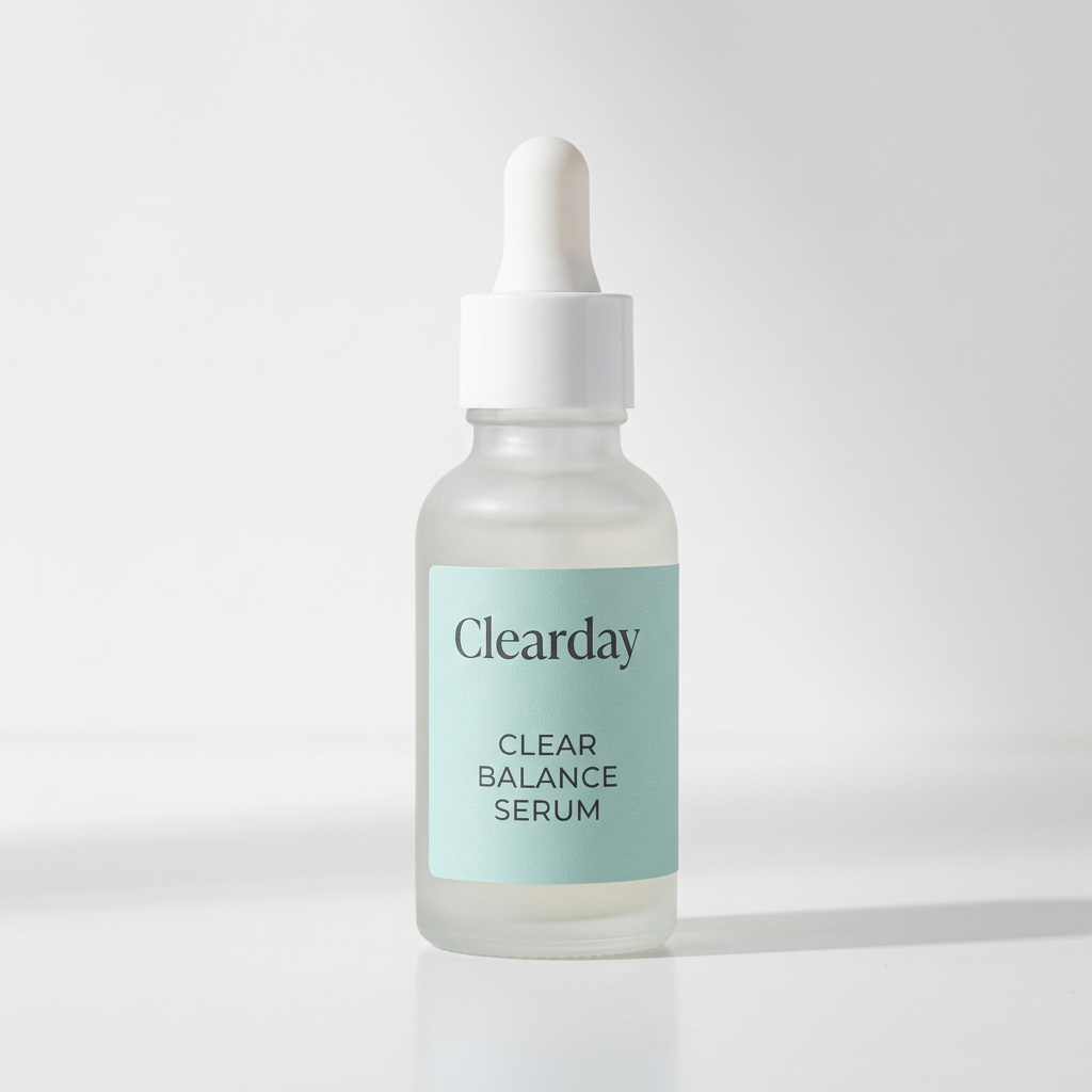 Clearday Clear Balance Serum cosmetic packaging on a white studio background