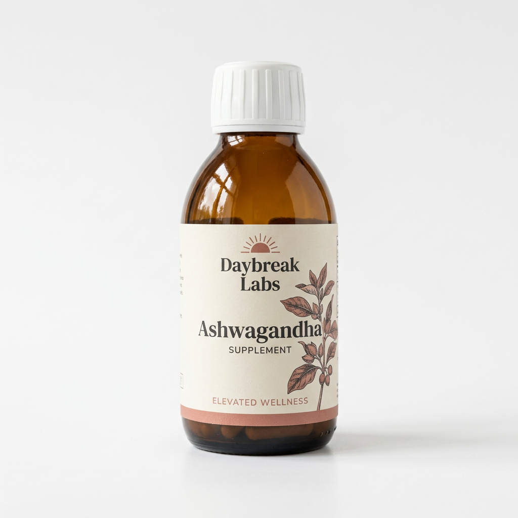 Daybreak Labs Ashwagandha Capsules amber bottle on a white studio background