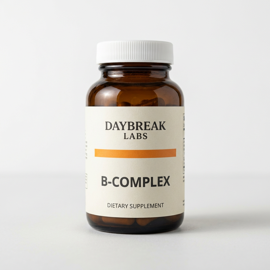 Daybreak Labs B-Complex Capsules amber bottle on a white studio background