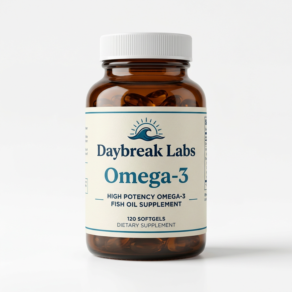 Daybreak Labs Omega-3 Softgels amber bottle on a white studio background