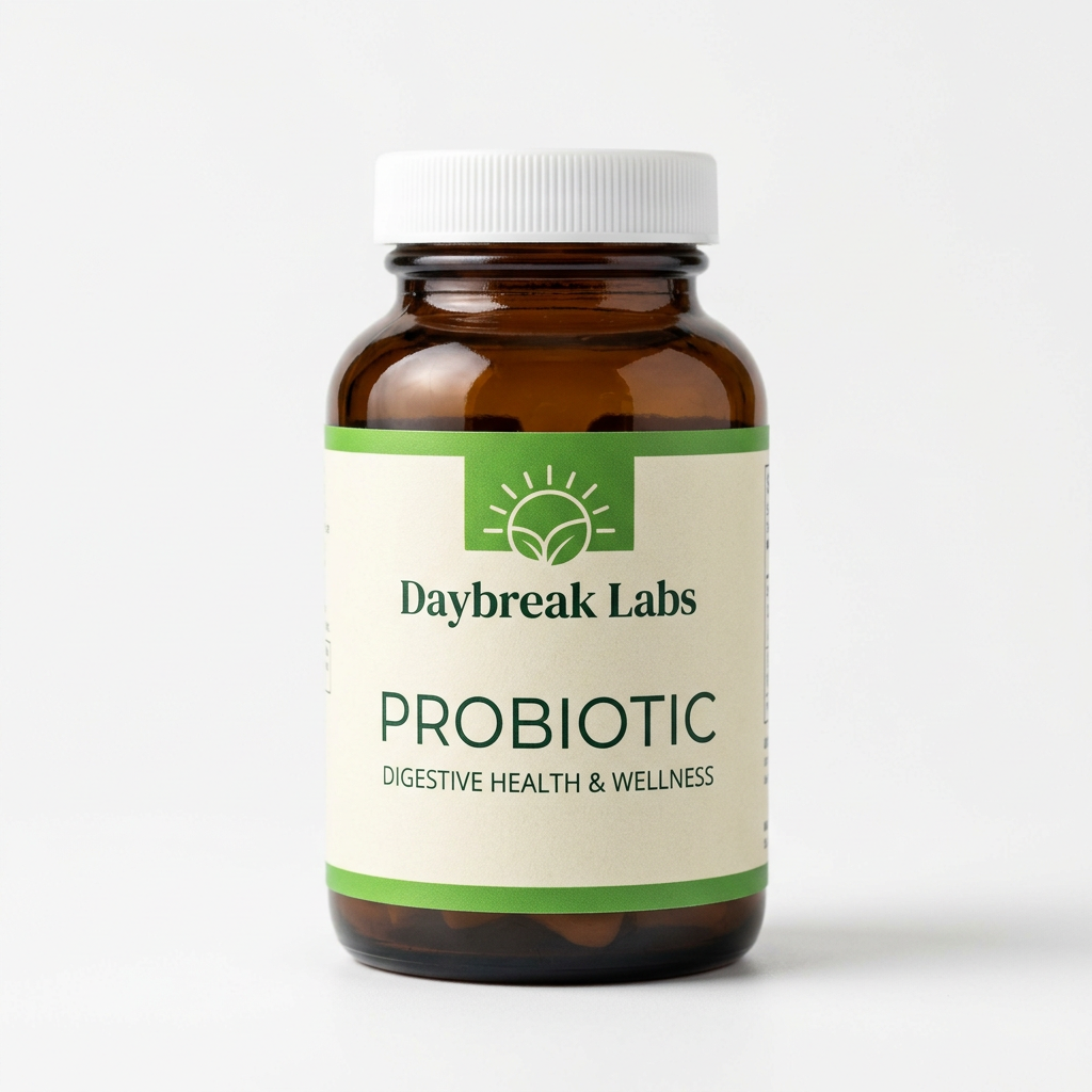 Daybreak Labs Probiotic Capsules amber bottle on a white studio background