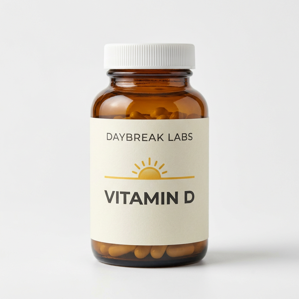 Daybreak Labs Vitamin D Capsules amber bottle on a white studio background