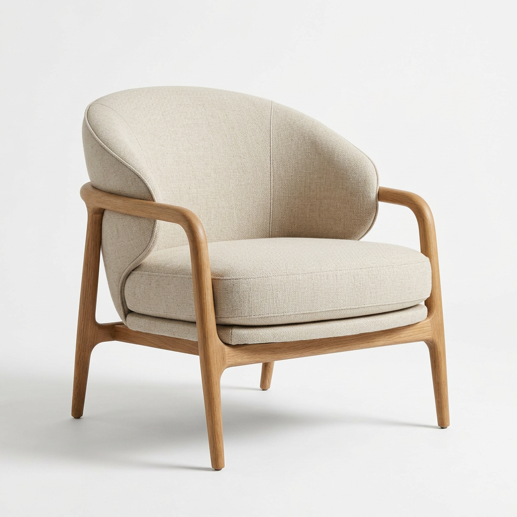 Hearthwell Alder accent chair with oatmeal upholstery and a natural oak frame on white