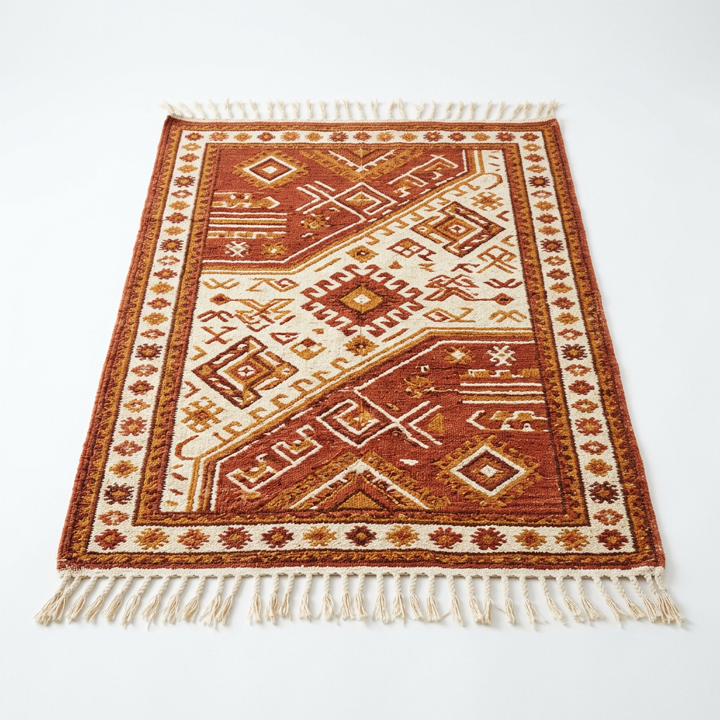 Hearthwell Saffron Trail rug with terracotta and cream geometric pattern and fringed edges