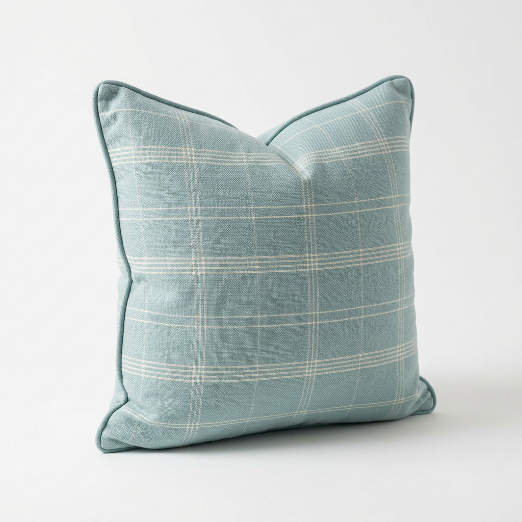 Hearthwell Shoreline seafoam blue throw pillow with fine ivory woven stripes on white