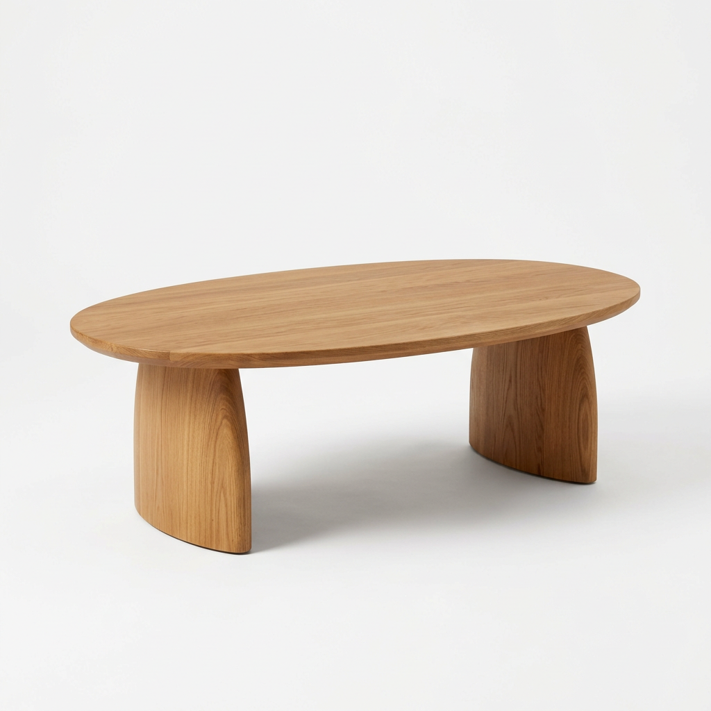 Hearthwell Solstice oval oak coffee table with broad curved supports on white