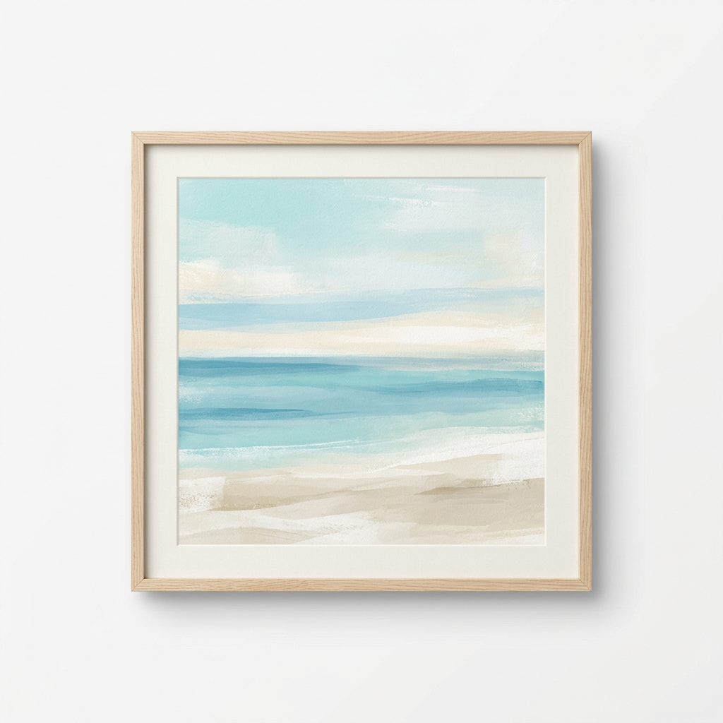 Hearthwell Tidal Horizon blue and sand abstract seascape in a pale wood frame on white