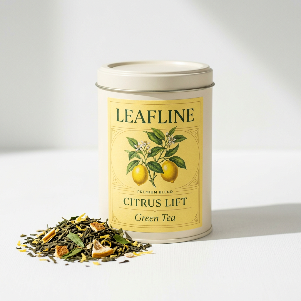 Leafline Citrus Lift cream tea tin with yellow label beside green leaves and lemon peel