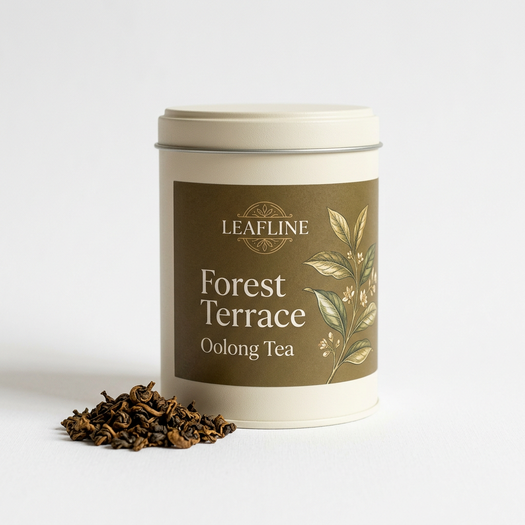 Leafline Forest Terrace cream tea tin with brown label beside rolled oolong leaves