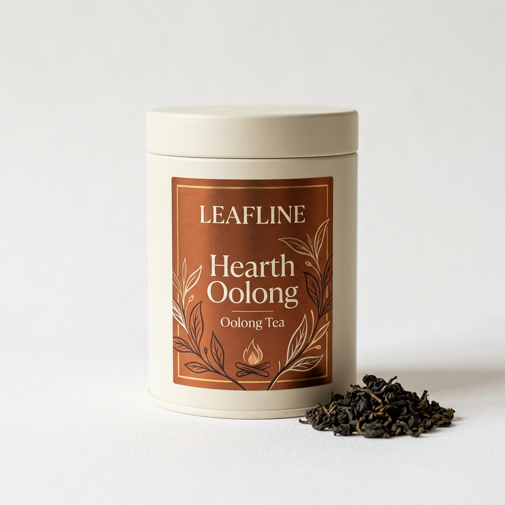 Leafline Hearth Oolong cream tea tin with copper label beside roasted oolong leaves