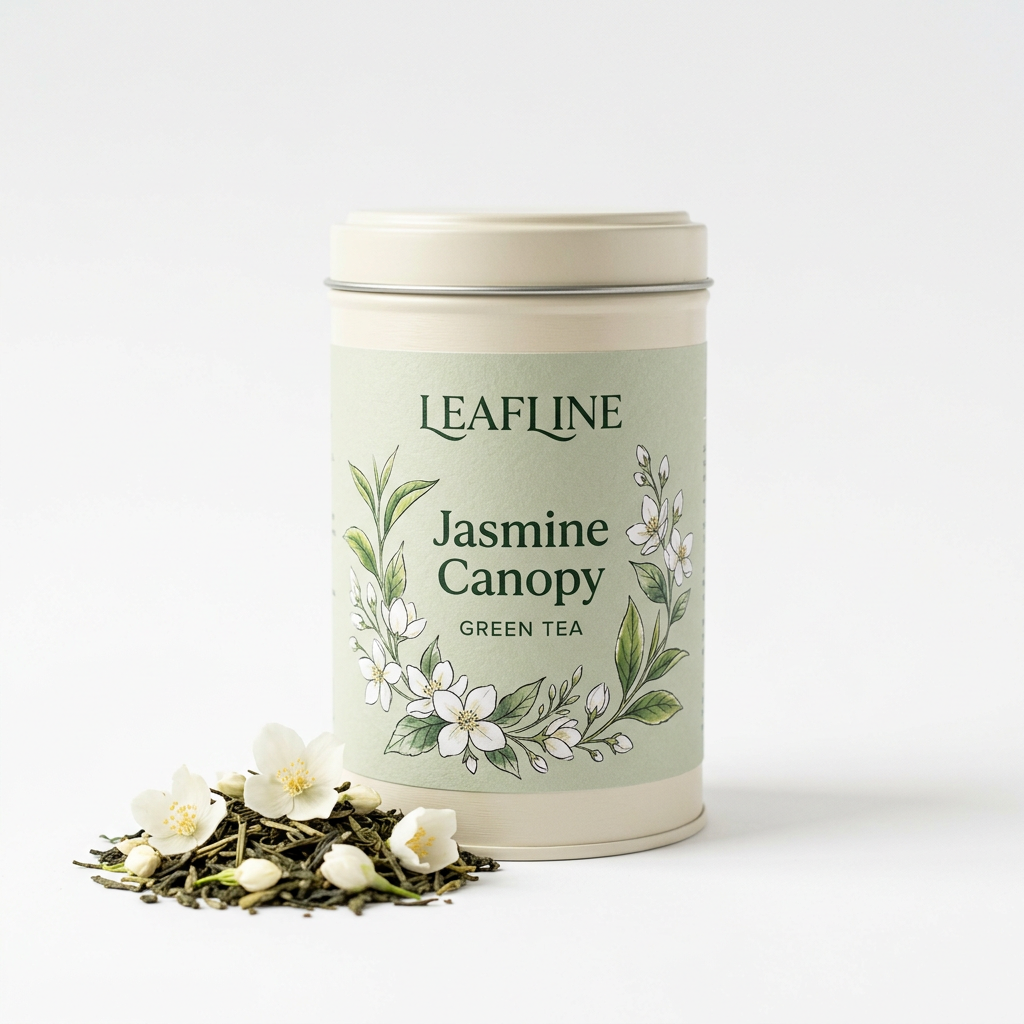 Leafline Jasmine Canopy cream tea tin with sage label beside green leaves and jasmine blossoms