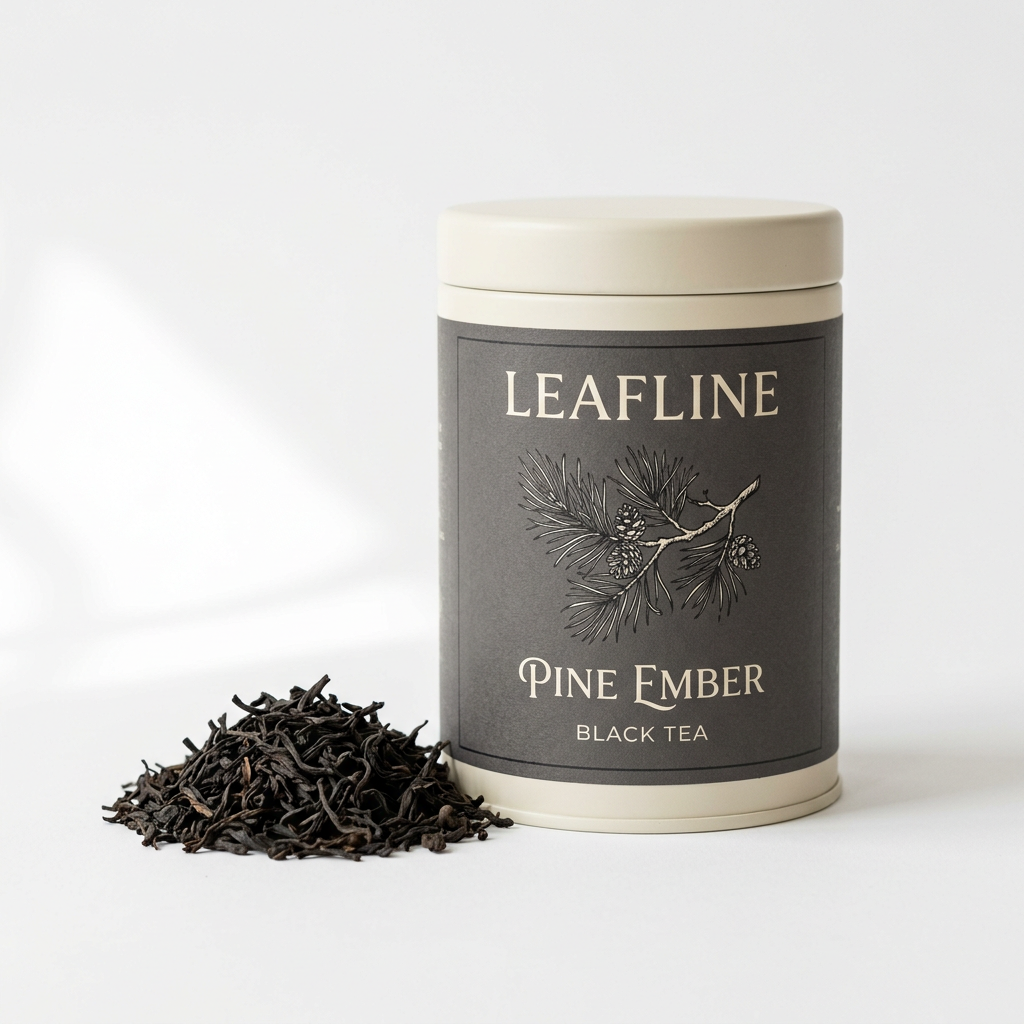 Leafline Pine Ember cream tea tin with charcoal label beside dark loose tea leaves