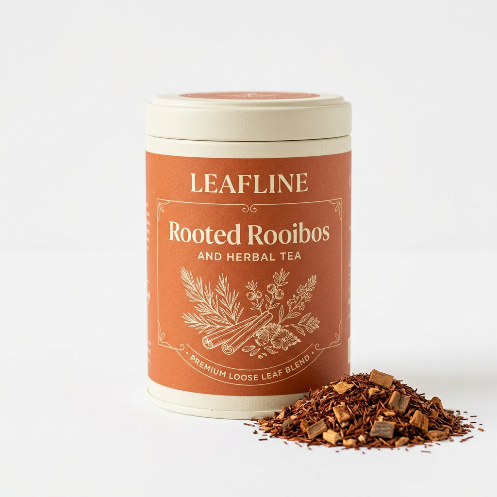 Leafline Rooted Rooibos cream tea tin with terracotta label beside rooibos and cinnamon bark
