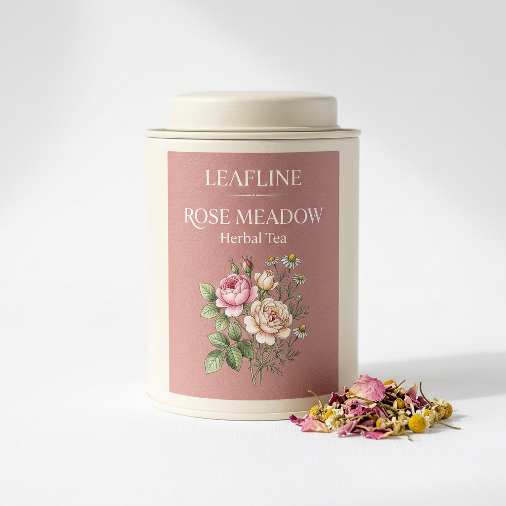 Leafline Rose Meadow cream tea tin with pink label beside rose petals and chamomile