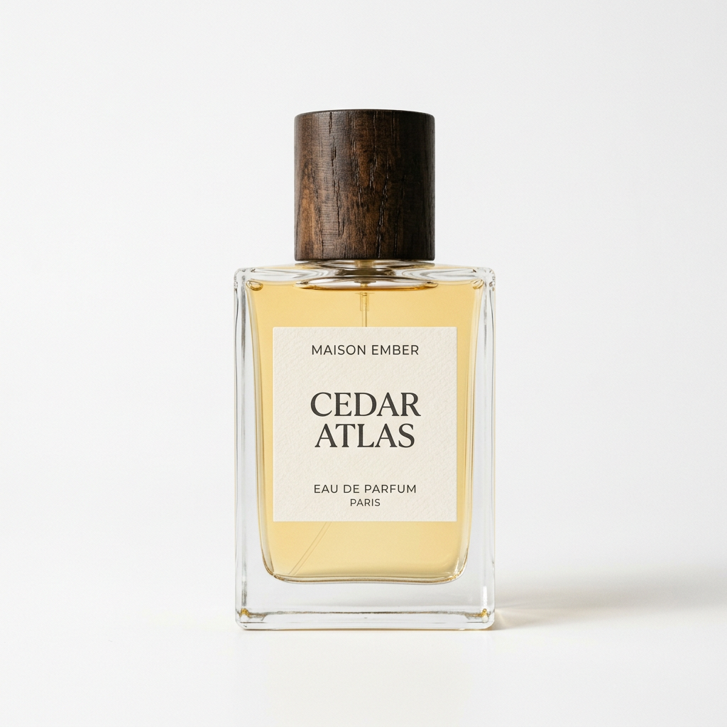 Maison Ember Cedar Atlas perfume bottle on a white studio background