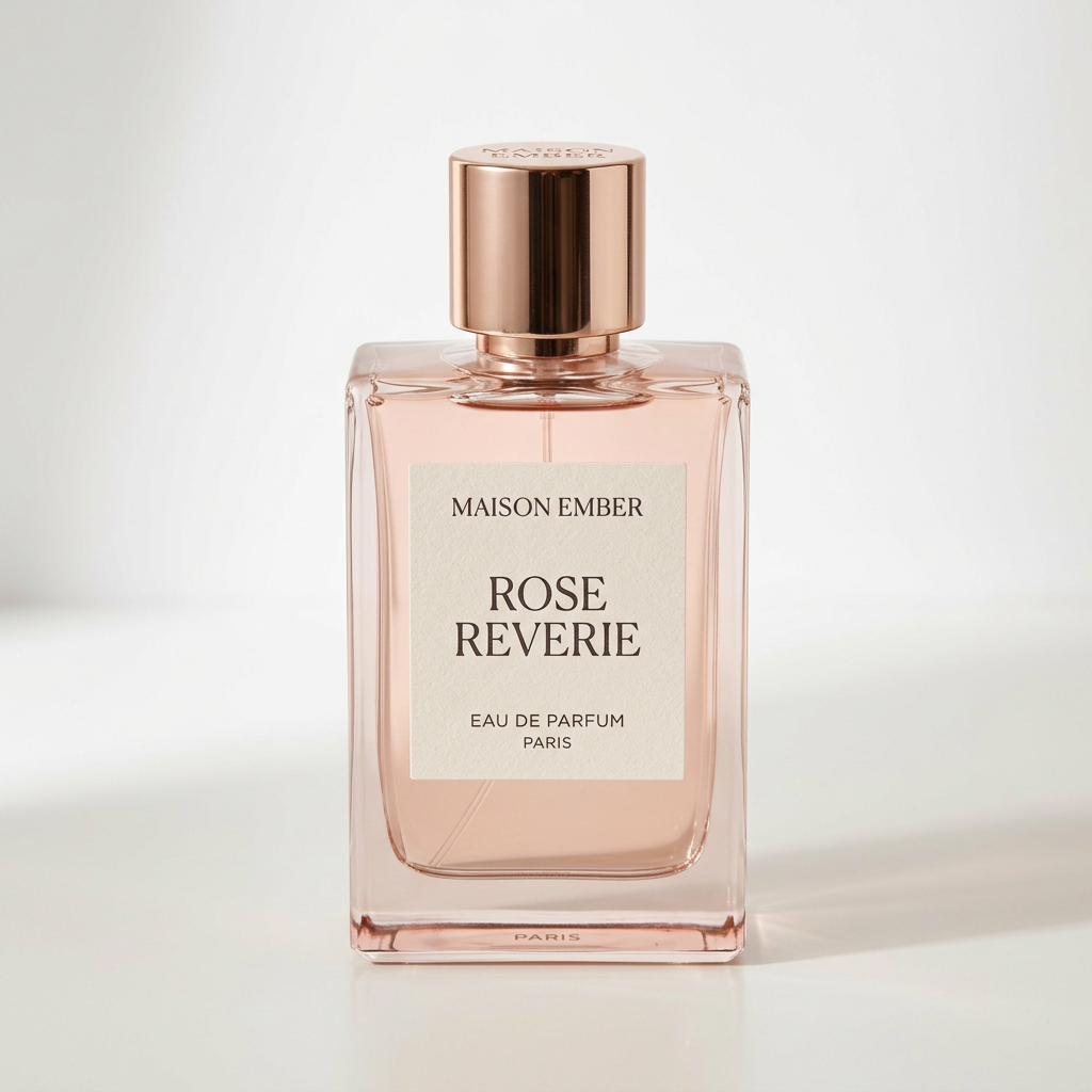 Maison Ember Rose Reverie perfume bottle on a white studio background