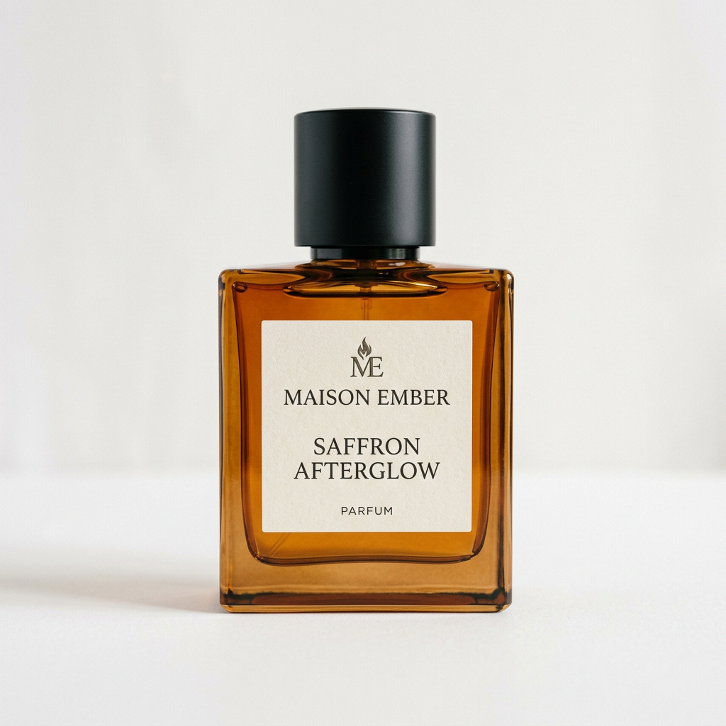 Maison Ember Saffron Afterglow perfume bottle on a white studio background