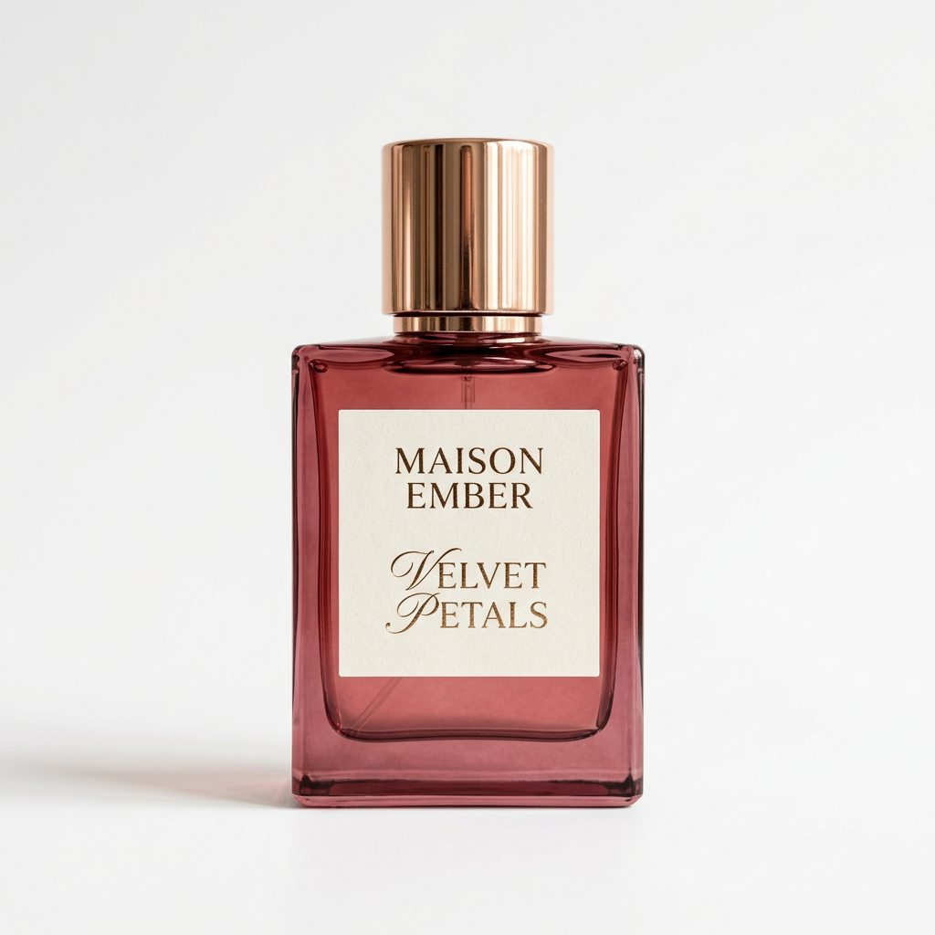 Maison Ember Velvet Petals perfume bottle on a white studio background