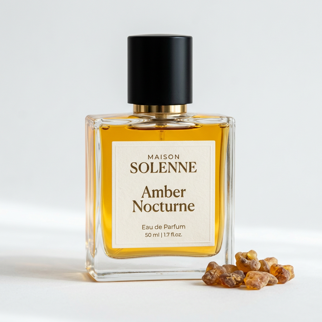 Maison Solenne Amber Nocturne perfume bottle with amber resin pieces on a white background