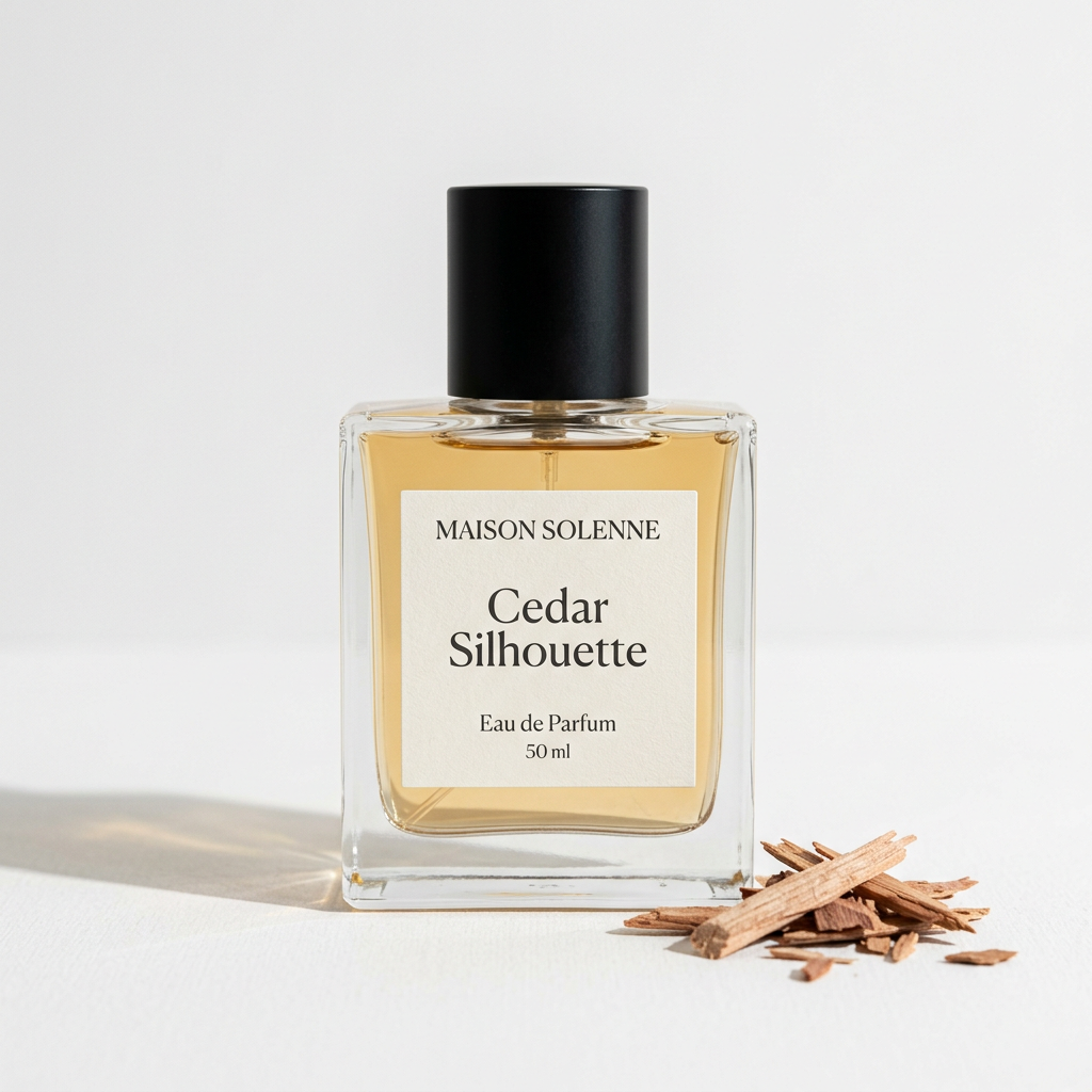 Maison Solenne Cedar Silhouette perfume bottle with cedar shavings on a white background