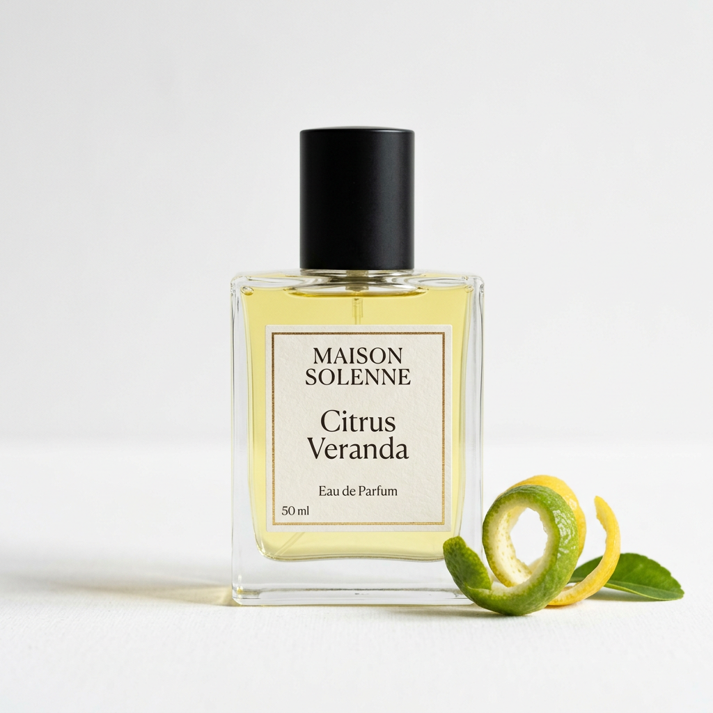 Maison Solenne Citrus Veranda perfume bottle with citrus peel on a white background