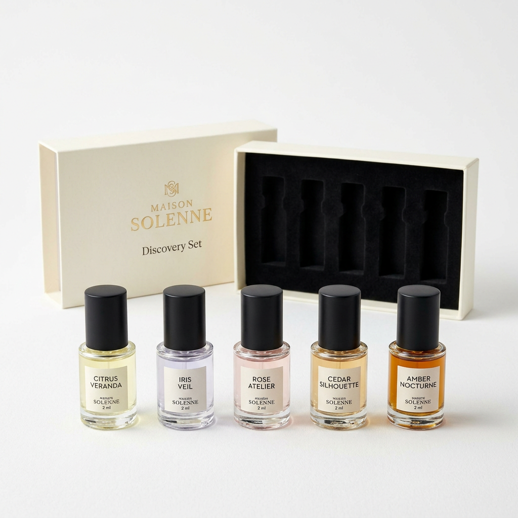 Maison Solenne Discovery Set with five mini perfume bottles and an open ivory gift box on white