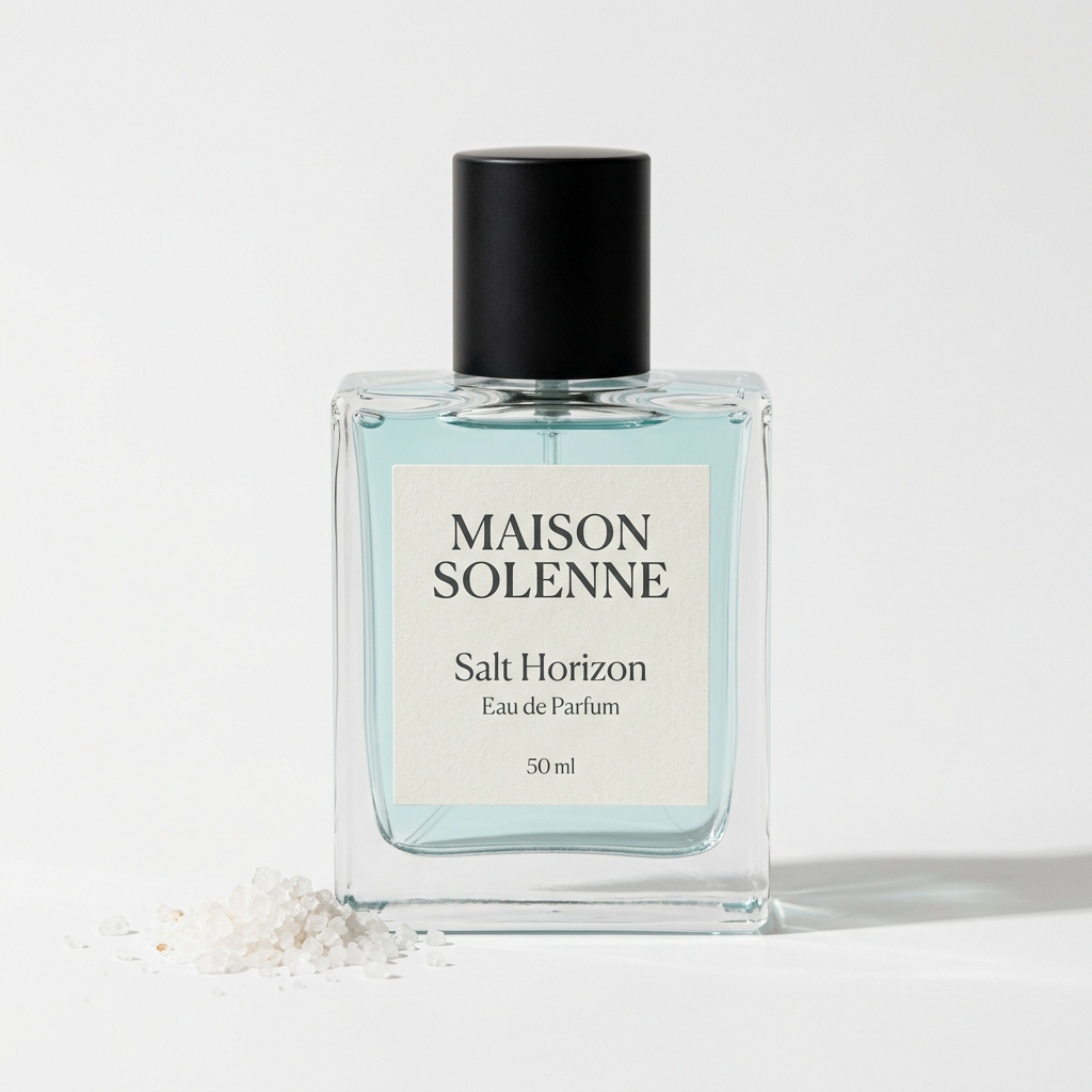 Maison Solenne Salt Horizon perfume bottle with sea salt crystals on a white background