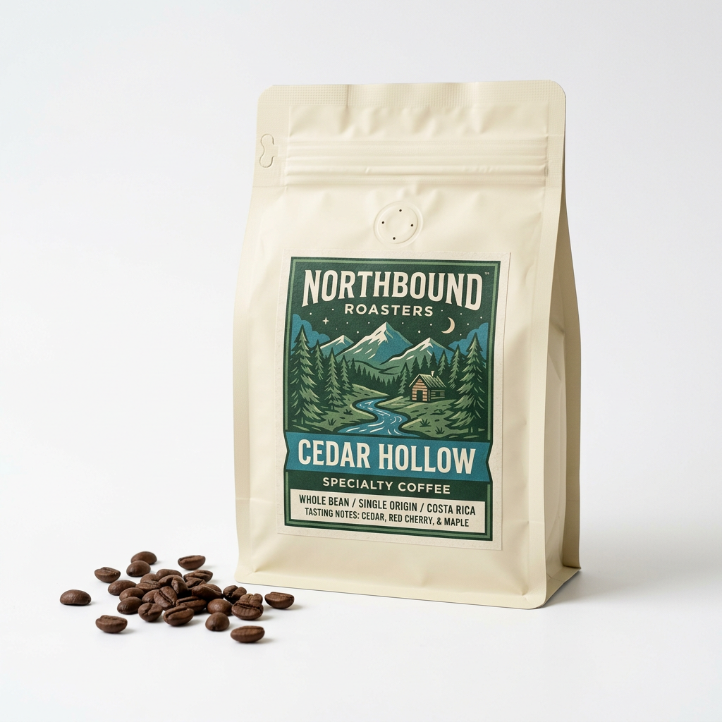 Northbound Roasters Cedar Hollow coffee bag with green and teal label on a white background