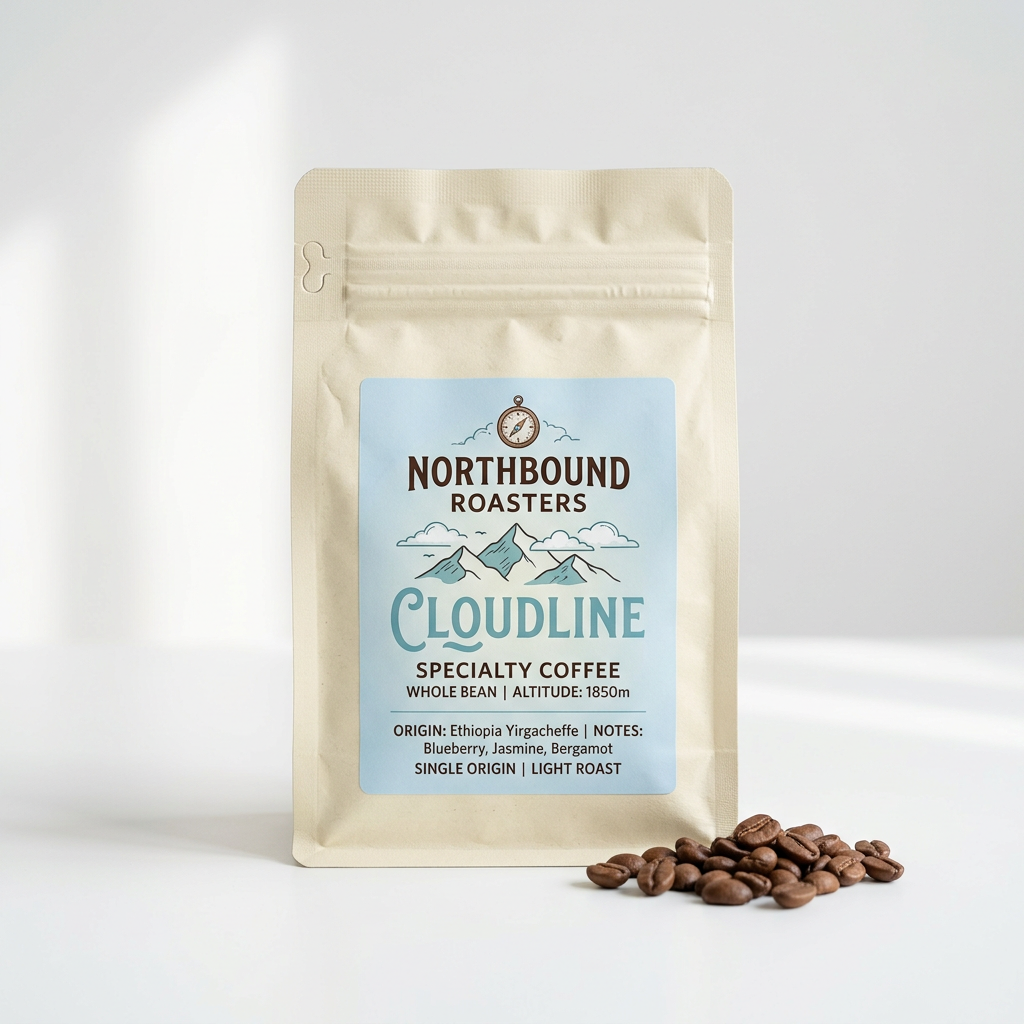 Northbound Roasters Cloudline coffee bag with pale blue and teal label on a white background