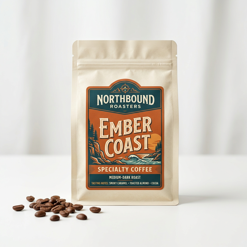 Northbound Roasters Ember Coast coffee bag with orange and teal label on a white background