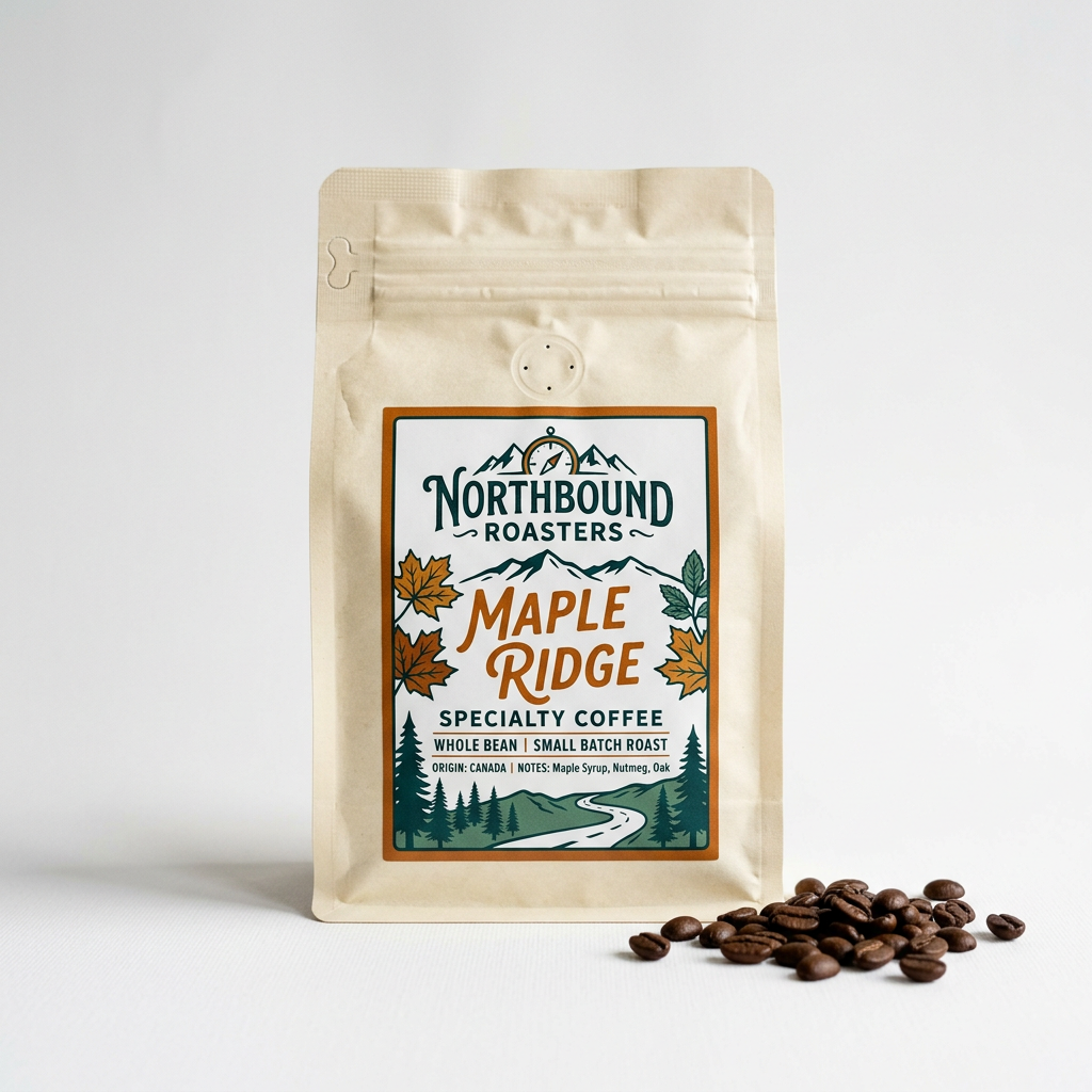 Northbound Roasters Maple Ridge coffee bag with amber and teal label on a white background