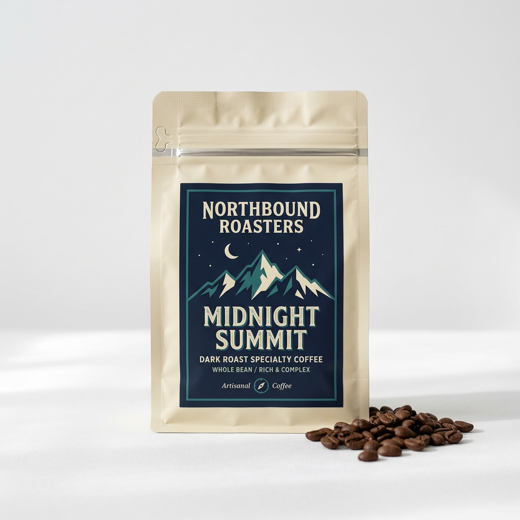 Northbound Roasters Midnight Summit coffee bag with navy and teal label on a white background
