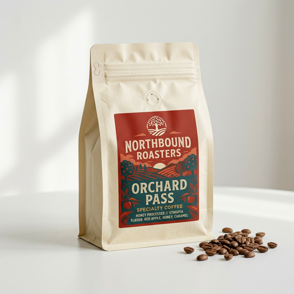 Northbound Roasters Orchard Pass coffee bag with red and teal label on a white background