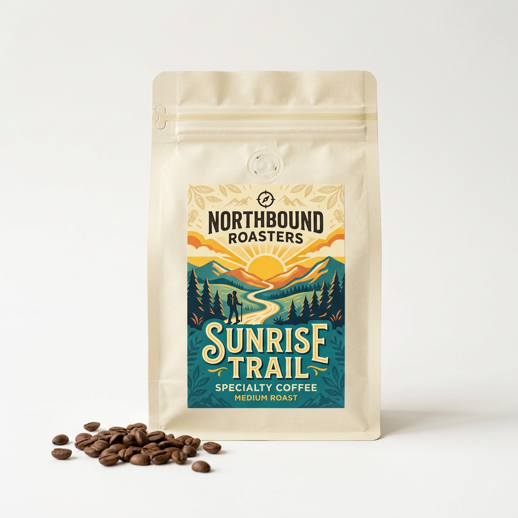 Northbound Roasters Sunrise Trail coffee bag with yellow and teal label on a white background